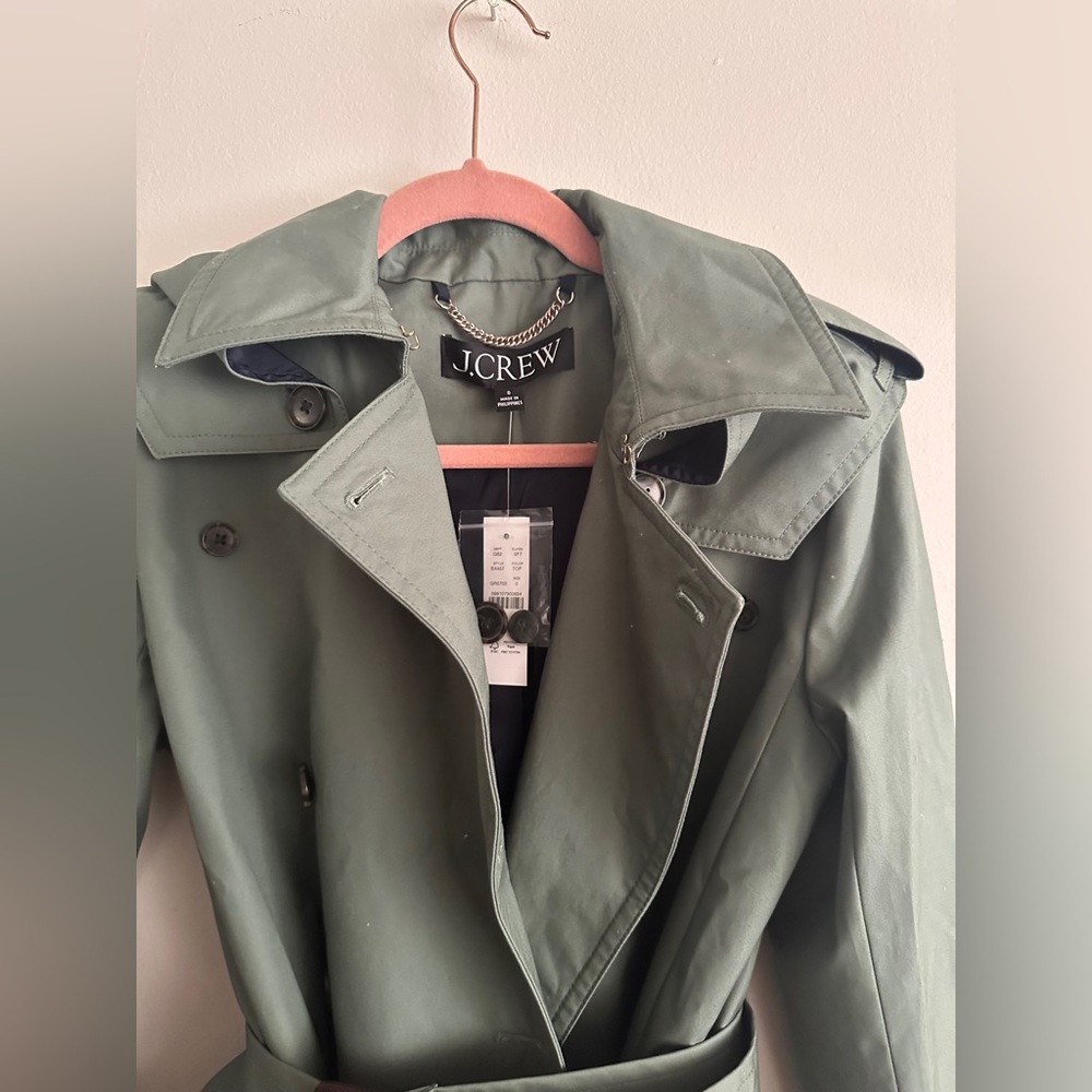 J.CREW NWT Olive Double-Breasted Trench Coat $368 SIZE 0 Classic Fit Staple Fall - Picture 9 of 11